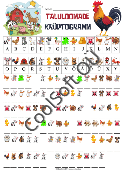 Taluloomade krüptogrammi tööleht, kus piltide abil tuleb lahendada salakiri ja kirjutada välja õiged sõnad.