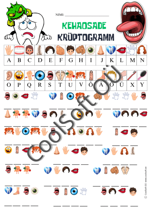 Kehaosade krüptogrammi tööleht, kus piltide abil tuleb lahendada salakiri ja kirjutada kehaosadega seotud sõnad.
