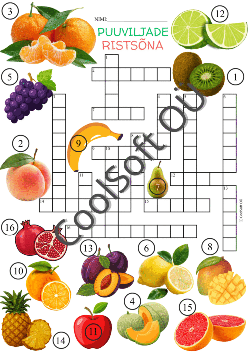 Puuviljade ristsõna tööleht, kus lapsed peavad piltide järgi ära tundma erinevad puuviljad ja kirjutama sõnad ristsõnasse.