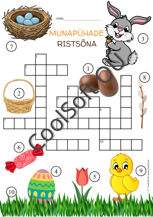 Munapühade ristsõna tööleht, kus lapsed peavad piltide järgi ära tundma kevadised ja lihavõttega seotud sõnad ning kirjutama need ristsõnasse.
