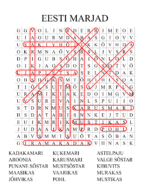 Eesti marjade sõnaotsing lastele, kus tuleb leida sõnu nagu maasikas, mustikas, vaarikas ja jõhvikas