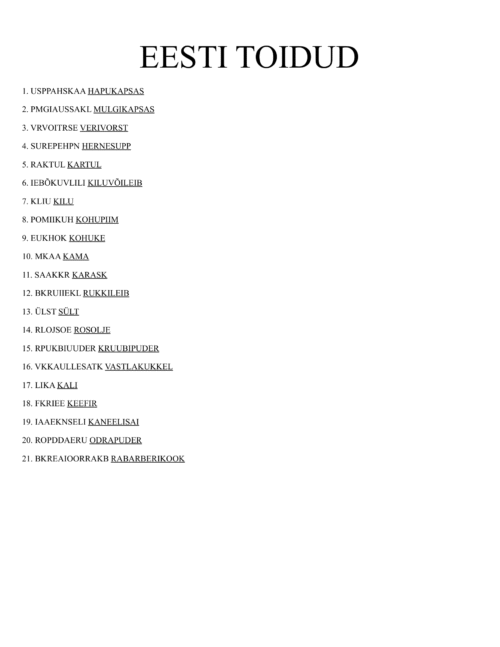 Eesti toitude teemaline tööleht, kus lapsed peavad segamini tähtedest moodustama sõnu nagu hapukapsas, verivorst ja kiluvõileib