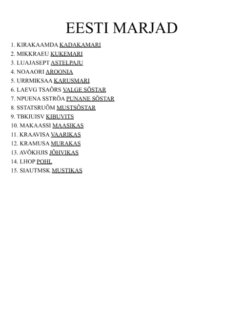 Eesti marjade tööleht lastele, kus segamini tähtedest tuleb moodustada sõnu nagu maasikas, mustikas, vaarikas ja pohl