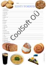Eesti toitude teemaline tööleht, kus lapsed peavad segamini tähtedest moodustama sõnu nagu hapukapsas, verivorst ja kiluvõileib