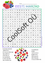 Eesti marjade sõnaotsing lastele, kus tuleb leida sõnu nagu maasikas, mustikas, vaarikas ja jõhvikas