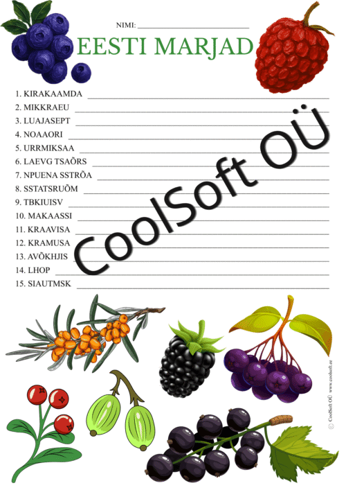 Eesti marjade tööleht lastele, kus segamini tähtedest tuleb moodustada sõnu nagu maasikas, mustikas, vaarikas ja pohl