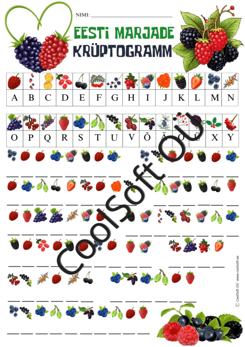 Eesti marjade krüptogramm lastele, kus piltide abil tuleb leida õiged tähed ja moodustada sõnad