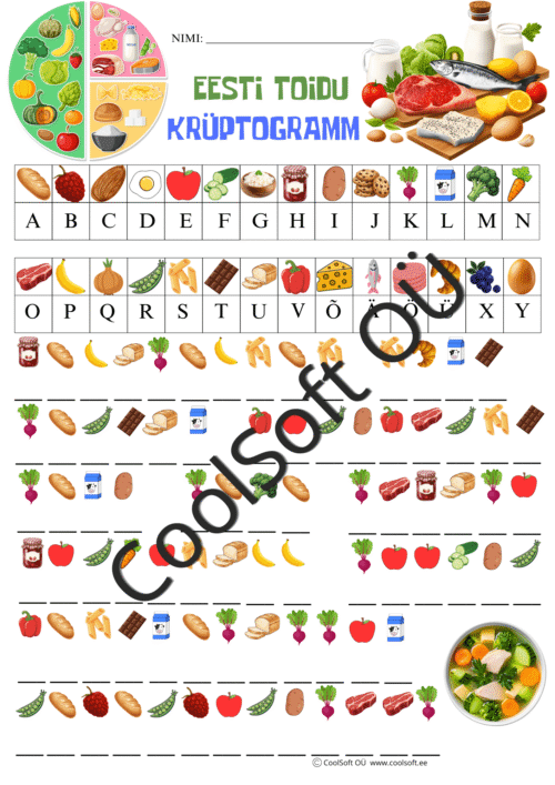Eesti toidu krüptogramm lastele, kus piltide abil tuleb leida õiged tähed ja moodustada sõnad