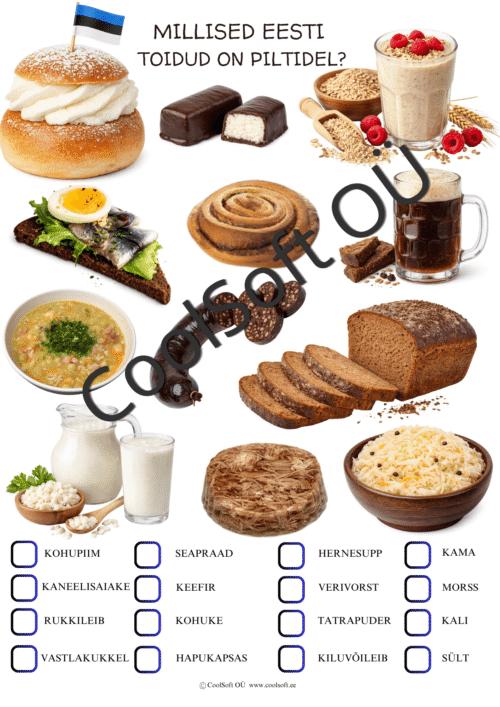 Eesti toitude tööleht lastele piltidega – kohuke, kama, rukkileib, kiluvõileib, verivorst ja teised Eesti toidud