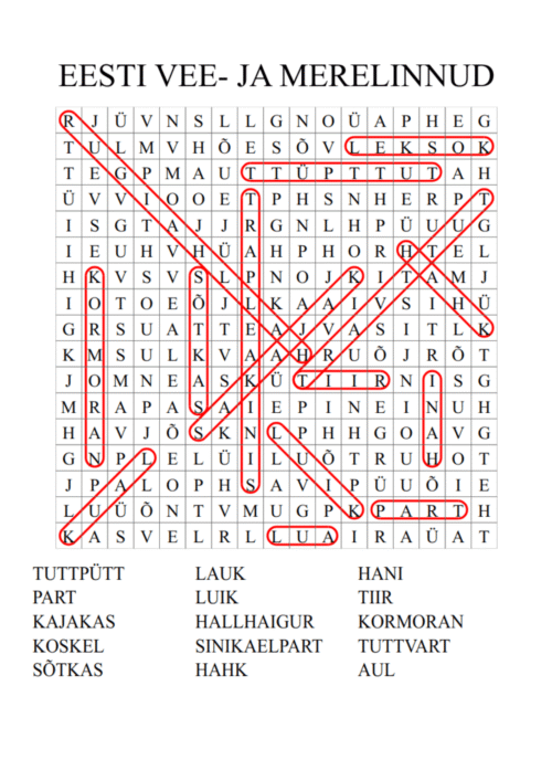 Eesti vee- ja merelindude sõnaotsingu lahenduskäik