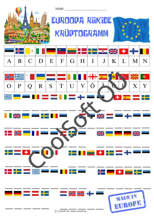 Euroopa riikide krüptogramm: lippude ja tähtede tabel ning lipukoodidega ülesanded
