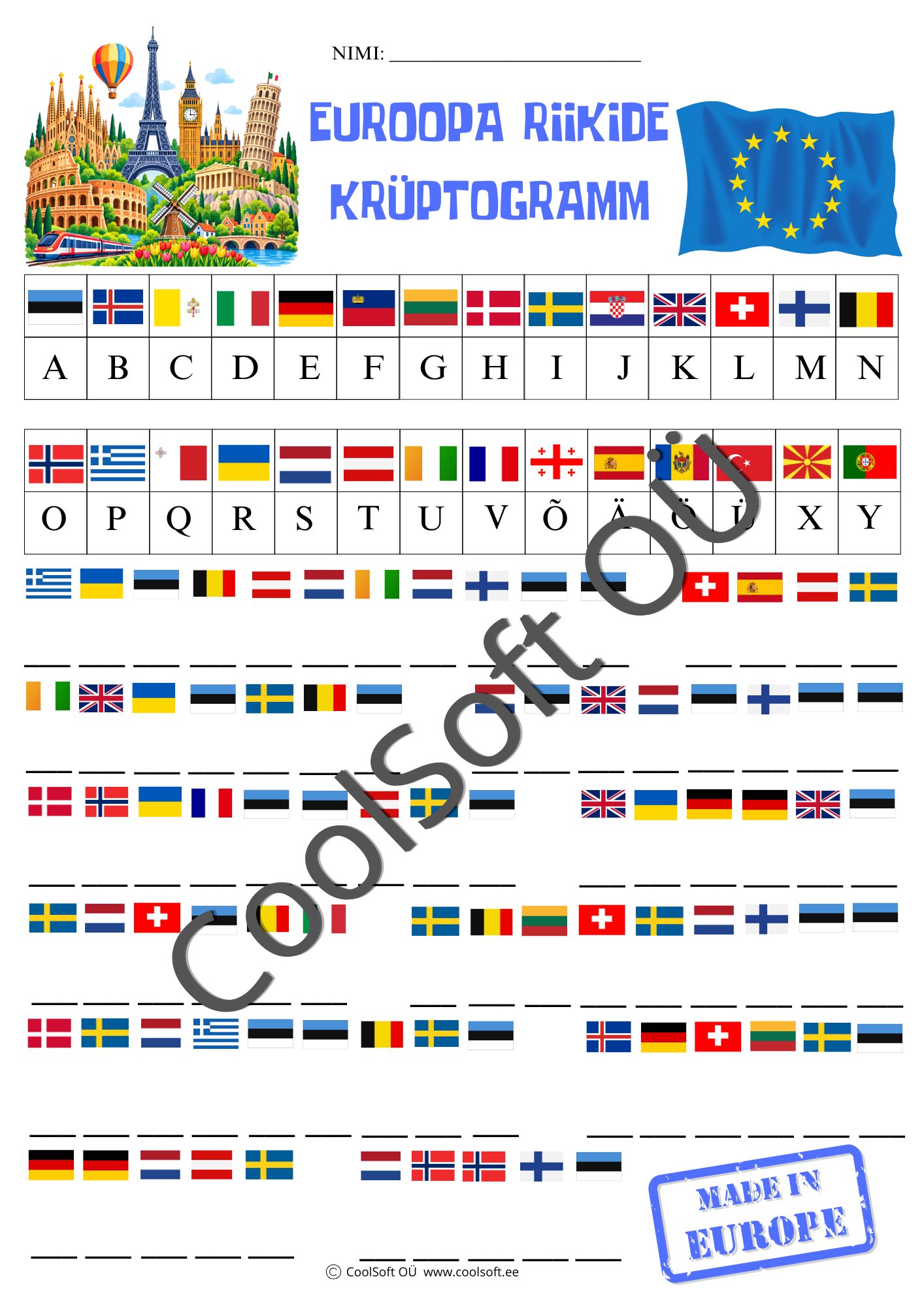 Euroopa riikide krüptogramm – töölehe näidis Euroopa riikide krüptogramm: lippude ja tähtede tabel ning lipukoodidega ülesanded