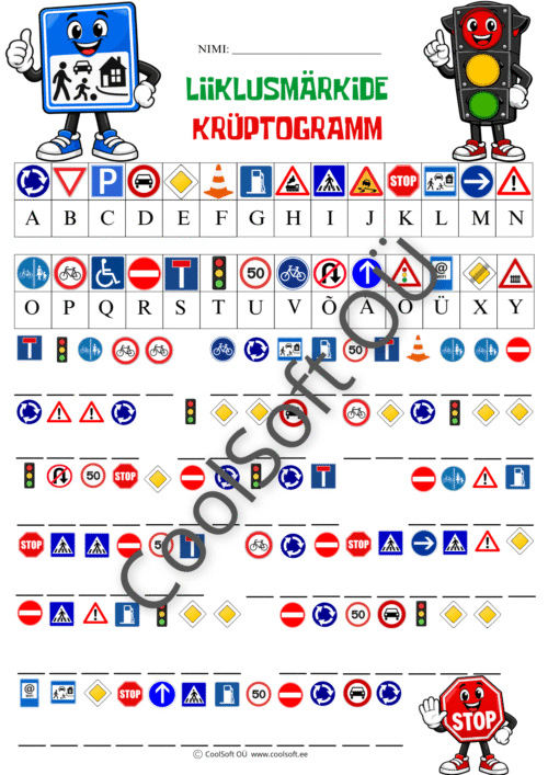 Liiklusmärkide krüptogramm lastele, kus liiklusmärkide ja tähtede koodi abil tuleb lahendada peidetud sõnad