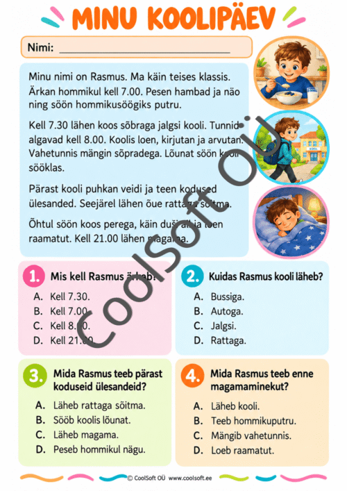Minu koolipäev – värviline lugemisharjutus Rasmuse koolipäevast koos nelja valikvastustega küsimuse ja illustratsioonidega