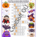 Halloweeni ristsõna 11 nummerdatud piltvihje, tühjade vastuseruutude ja salalause kastidega
