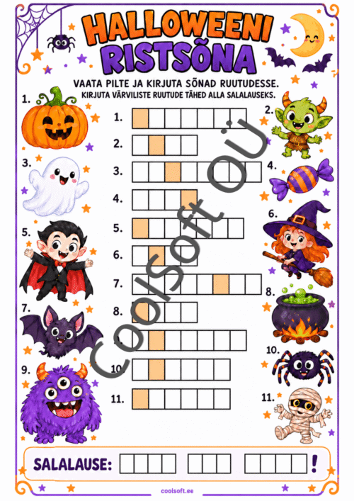 Halloweeni ristsõna 11 nummerdatud piltvihje, tühjade vastuseruutude ja salalause kastidega