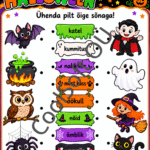 Halloweeni ühendamisülesanne lastele kaheksa värvilise pildi ja sõnaga, kus tuleb ühendada nõid, kummitus, nahkhiir, must kass ja teised tegelased õigete nimetustega