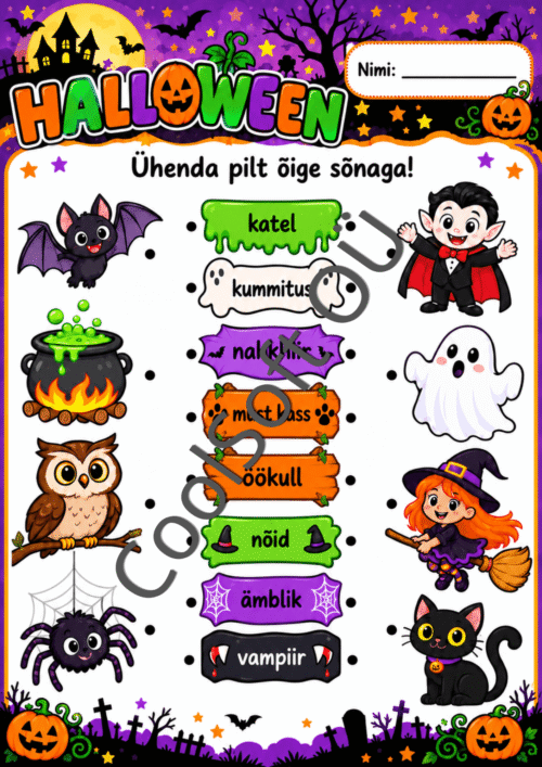 Halloweeni ühendamisülesanne lastele kaheksa värvilise pildi ja sõnaga, kus tuleb ühendada nõid, kummitus, nahkhiir, must kass ja teised tegelased õigete nimetustega