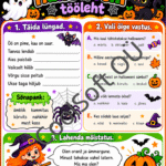 Värviline halloweeni tööleht lastele kolme ülesandega: sõnade lünkadesse kirjutamine, õigete vastuste valimine ja kõrvitsamõistatuse lahendamine.