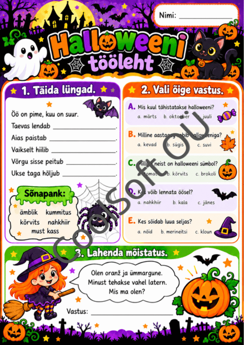 Värviline halloweeni tööleht lastele kolme ülesandega: sõnade lünkadesse kirjutamine, õigete vastuste valimine ja kõrvitsamõistatuse lahendamine.